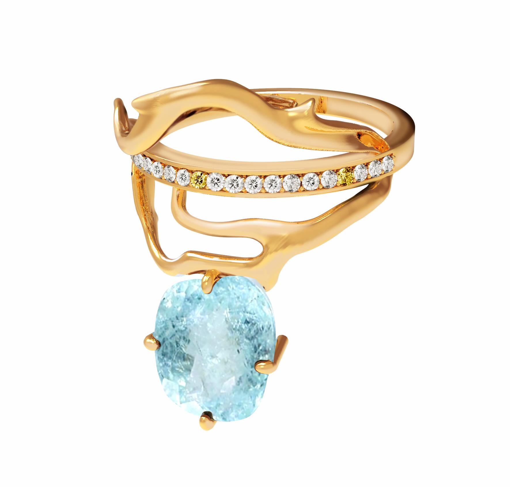 This Tibetan 18 karat yellow gold contemporary ring is encrusted with diamonds, yellow sapphires, and oval cut paraiba tourmaline  (neon copper bearing, 2,4 carats, blue with inclusions). Size is custom made. Can be made with different gems.
It was