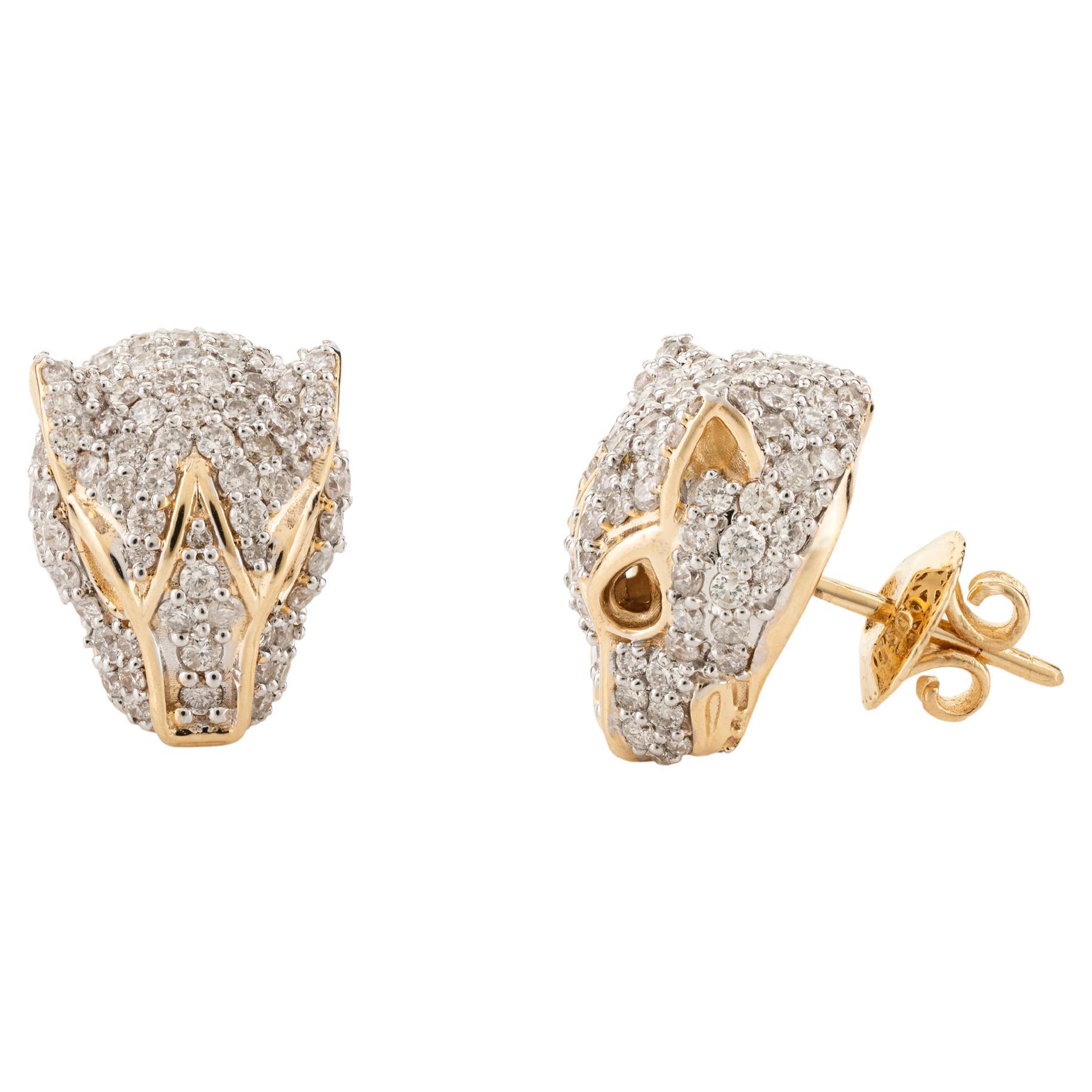 18 Karat Yellow Gold Distinctive 1.93 CTW Diamond Panther Stud Earrings For Sale