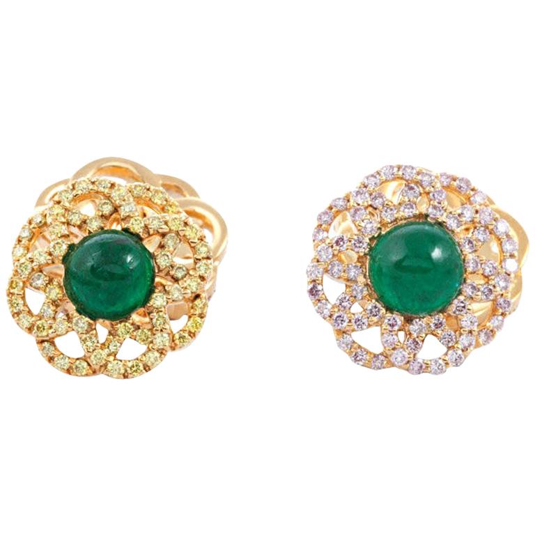 18 Karat Yellow Gold Rosetta Women Cufflinks with Emerald Cabochons For Sale