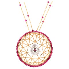18 Karat Yellow Gold Spider Pendant with Ruby Beads and Diamonds