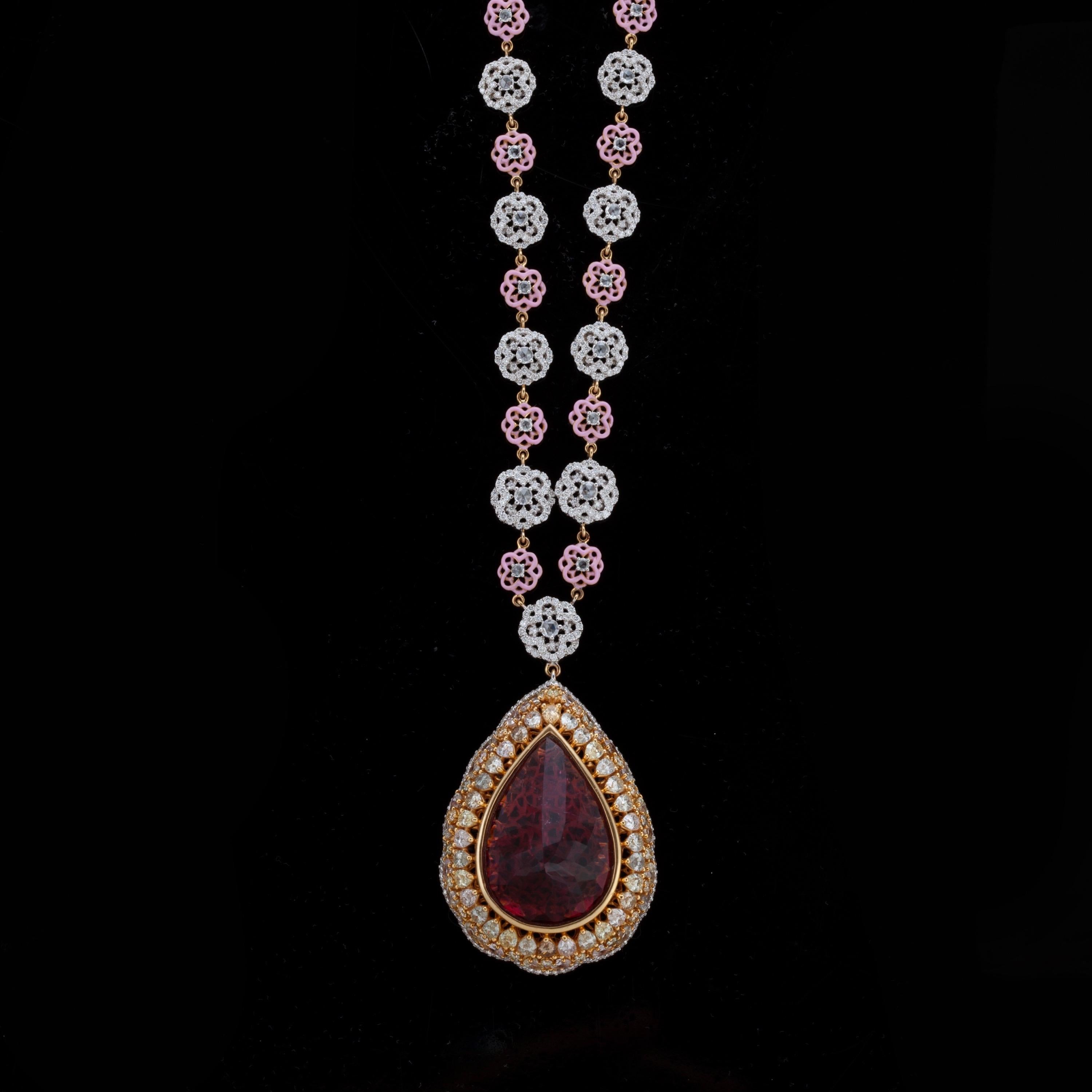 Contemporary 18 Karat Yellow Gold Strasbourg Cathedral Pendant w/ a 25.51 Ct Rubelite For Sale