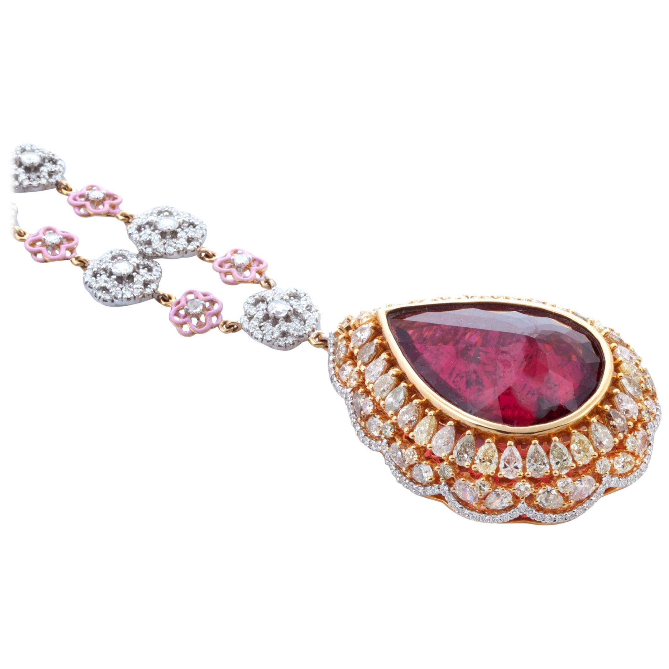 18 Karat Yellow Gold Strasbourg Cathedral Pendant w/ a 25.51 Ct Rubelite For Sale