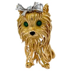  18 Karat Yellow Gold Dog Diamond Bow Estate Dog Brooch Pin Vintage 
