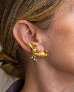 18 Karat Yellow Gold 'Dolphin' Ear Clips With Diamonds