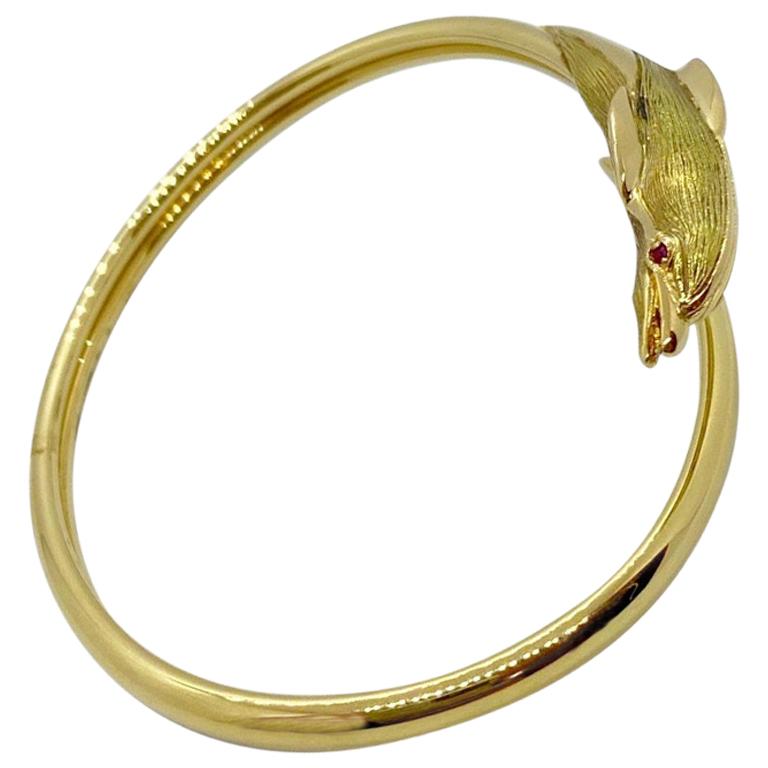 18 Karat Yellow Gold Dolphin Wrap a Round Bangle Bracelet