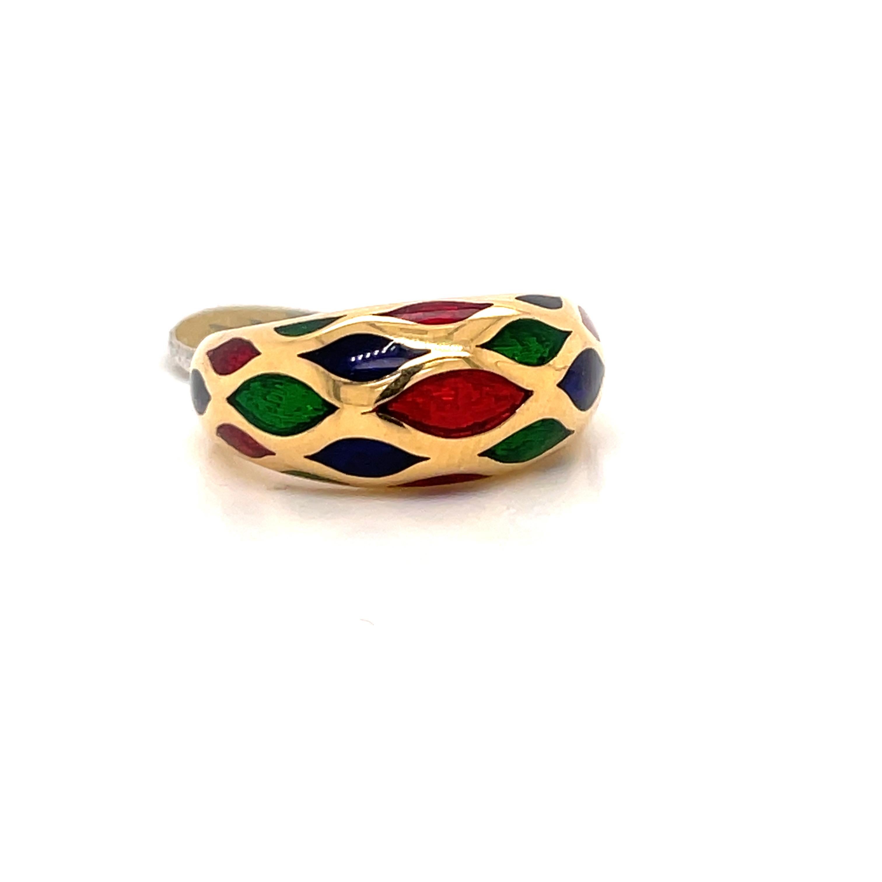 Contemporary 18 Karat Yellow Gold Dome Red Green Blue Enamel Ring 6.4 Grams For Sale
