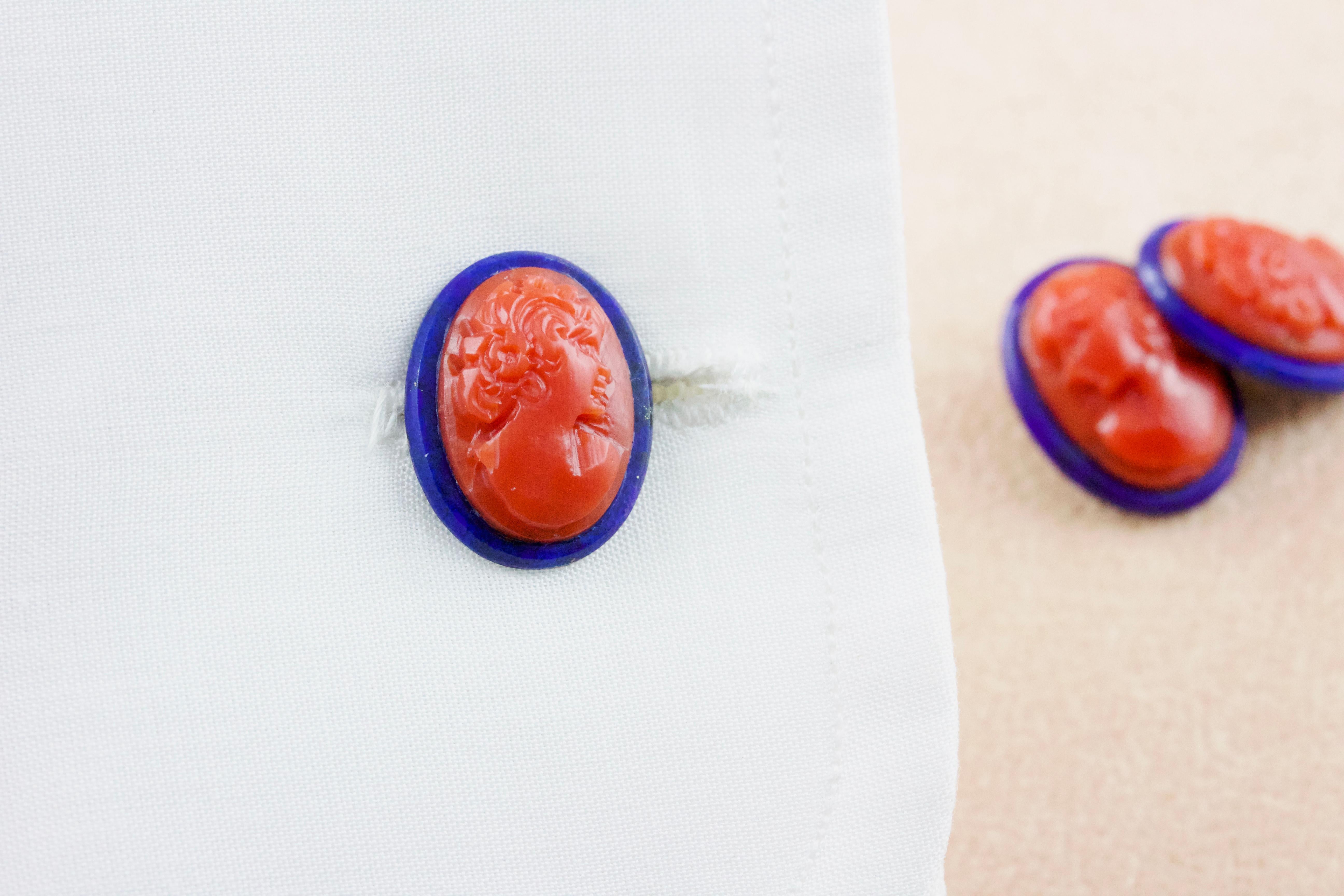 Mixed Cut 18 Karat Yellow Gold Double Cameo Mediterranean Coral Lapis Lazuli Cufflinks