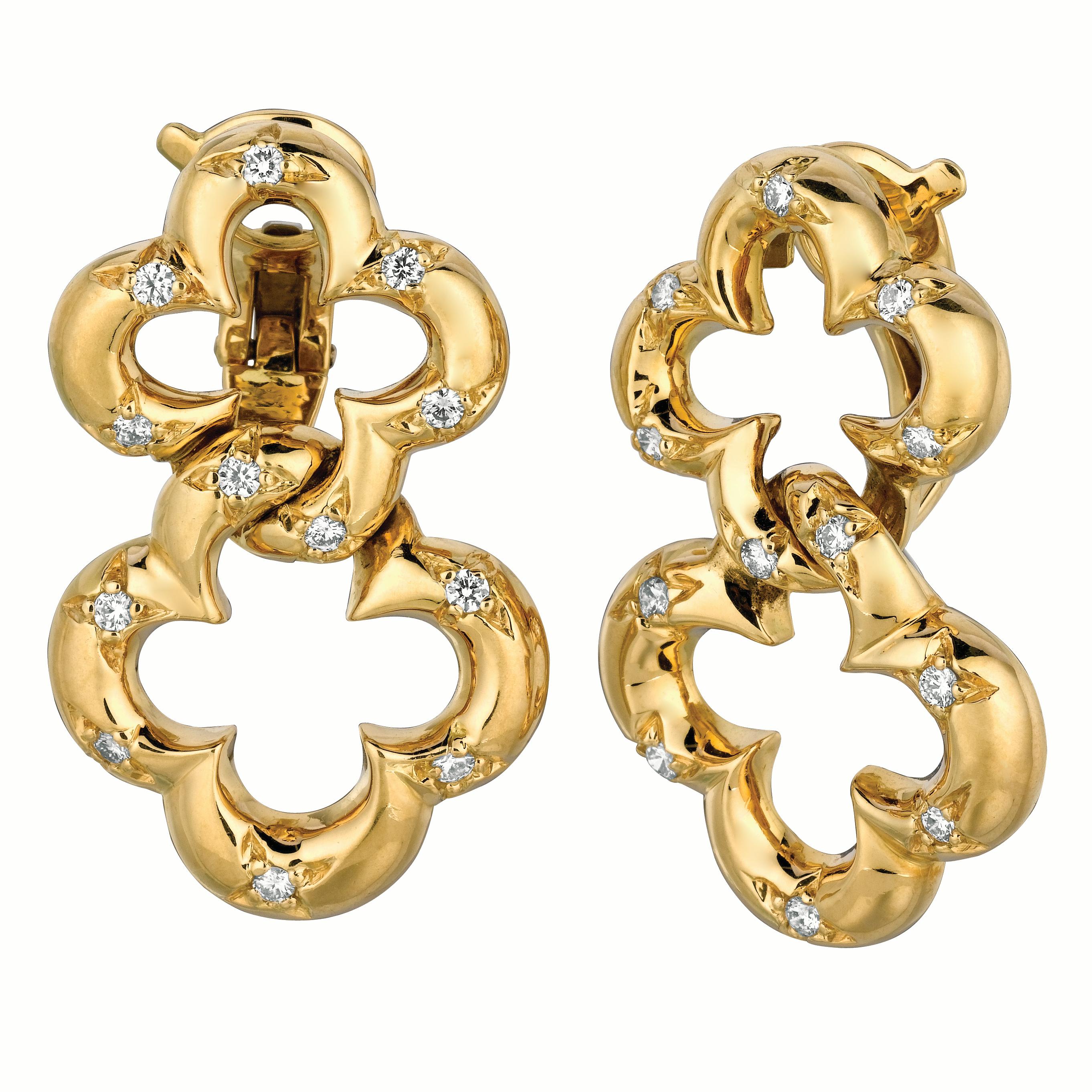 Modern 18 Karat Yellow Gold Double Clover Drop Earrings with Diamonds For Sale