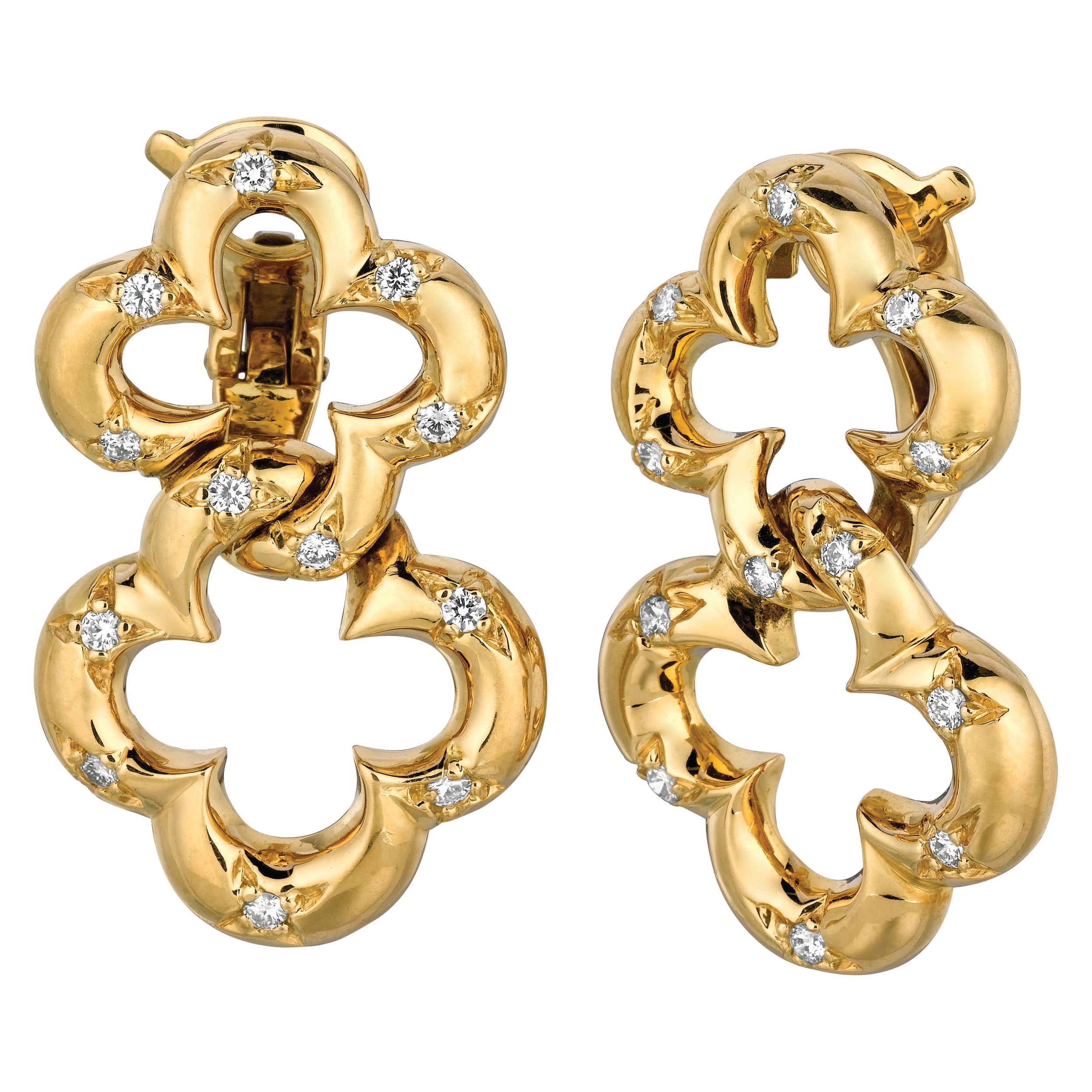 18 Karat Yellow Gold Double Clover Drop Earrings with Diamonds For Sale