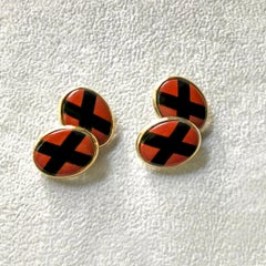 18 Karat Yellow Gold Double Cross Jasper and Onyx Cufflinks