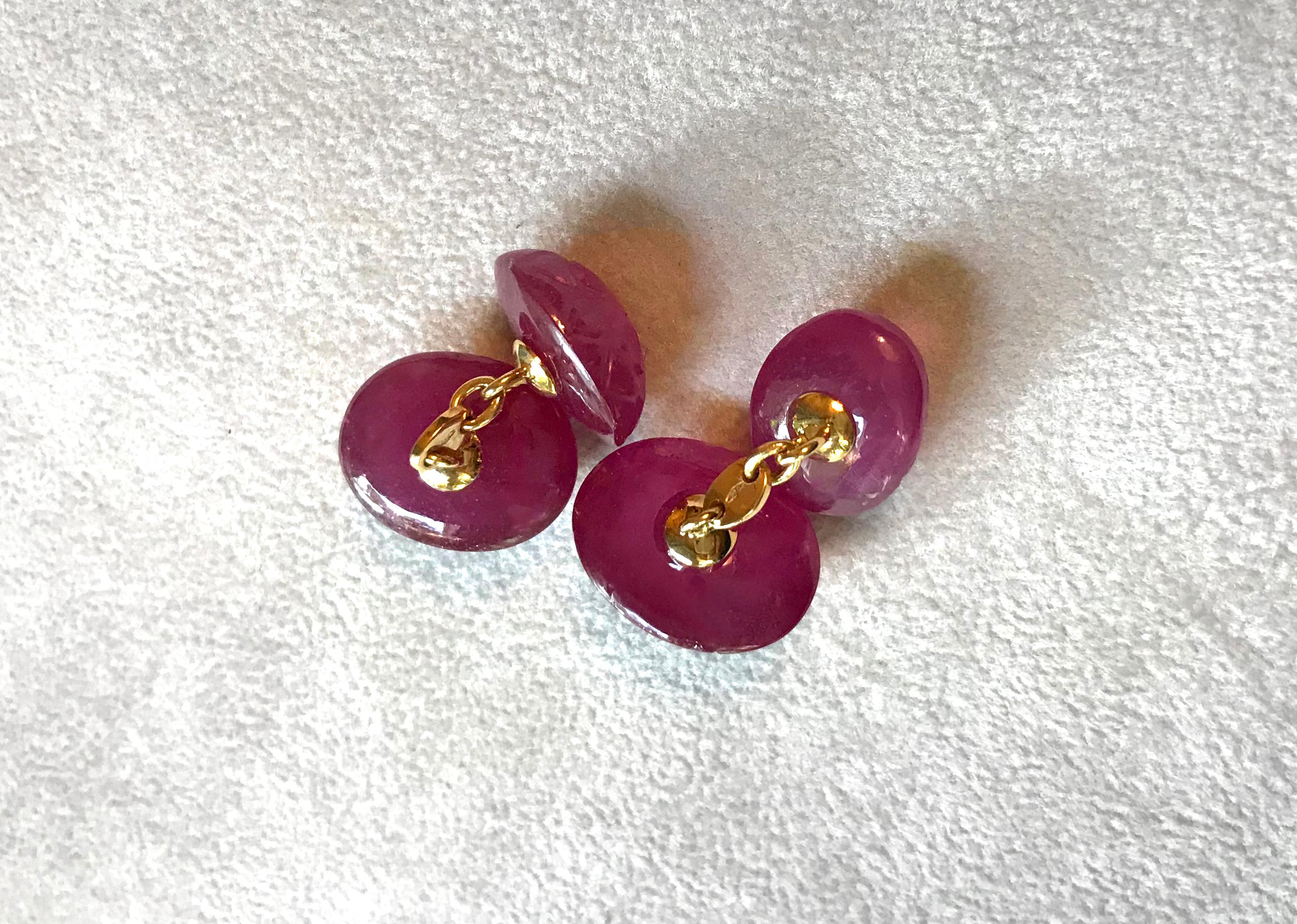 Women's or Men's 18 Karat Yellow Gold Double Hand Carved Oval Ruby Diamonds Cufflinks