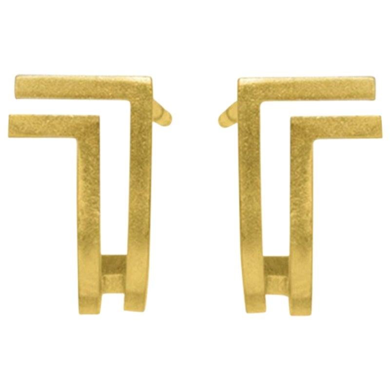 18-Karat Yellow Gold Double Lines Curve Fine Earrings For Sale