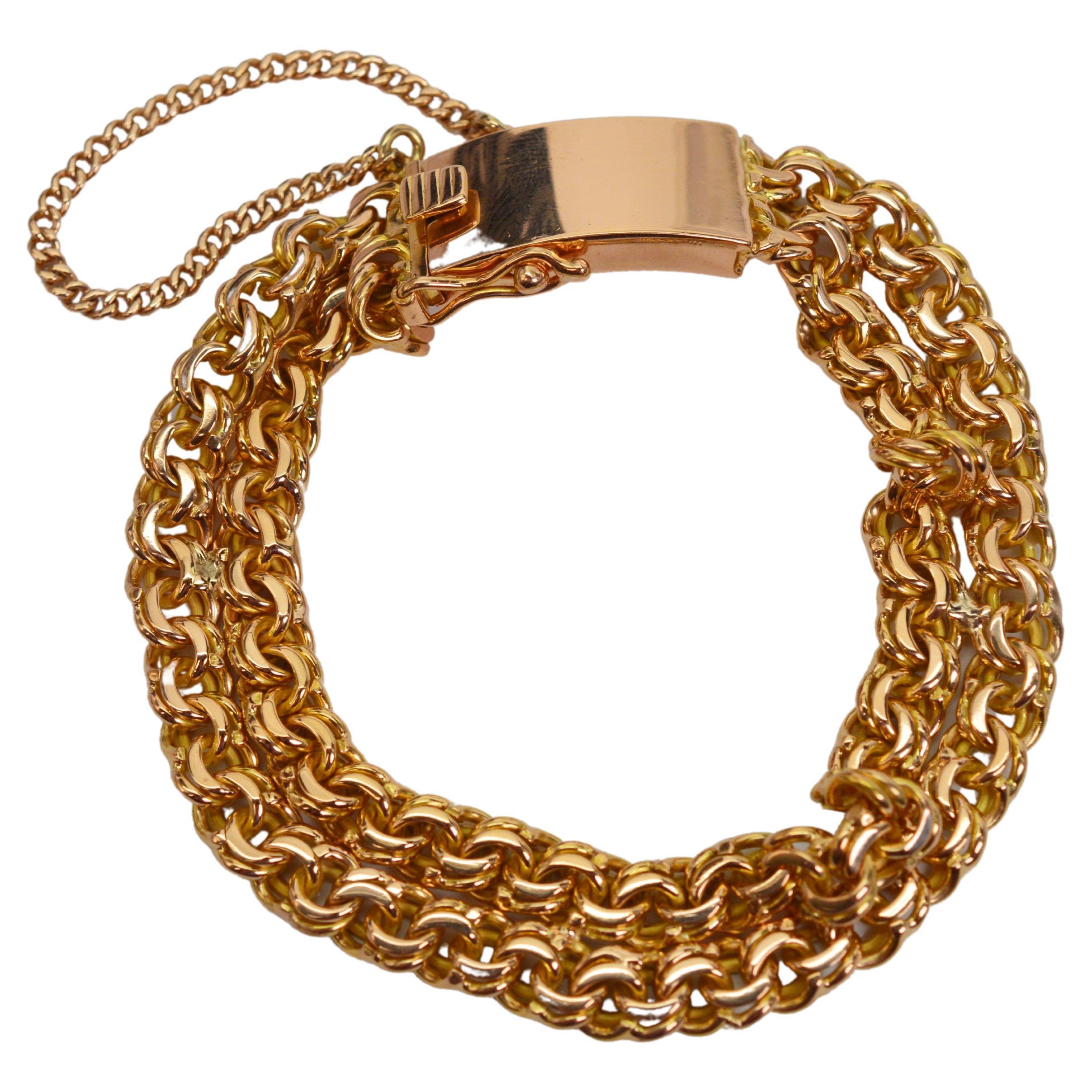 Bracelet à double chaîne à maillons en or jaune 18 carats avec grand fermoir en forme de boîte