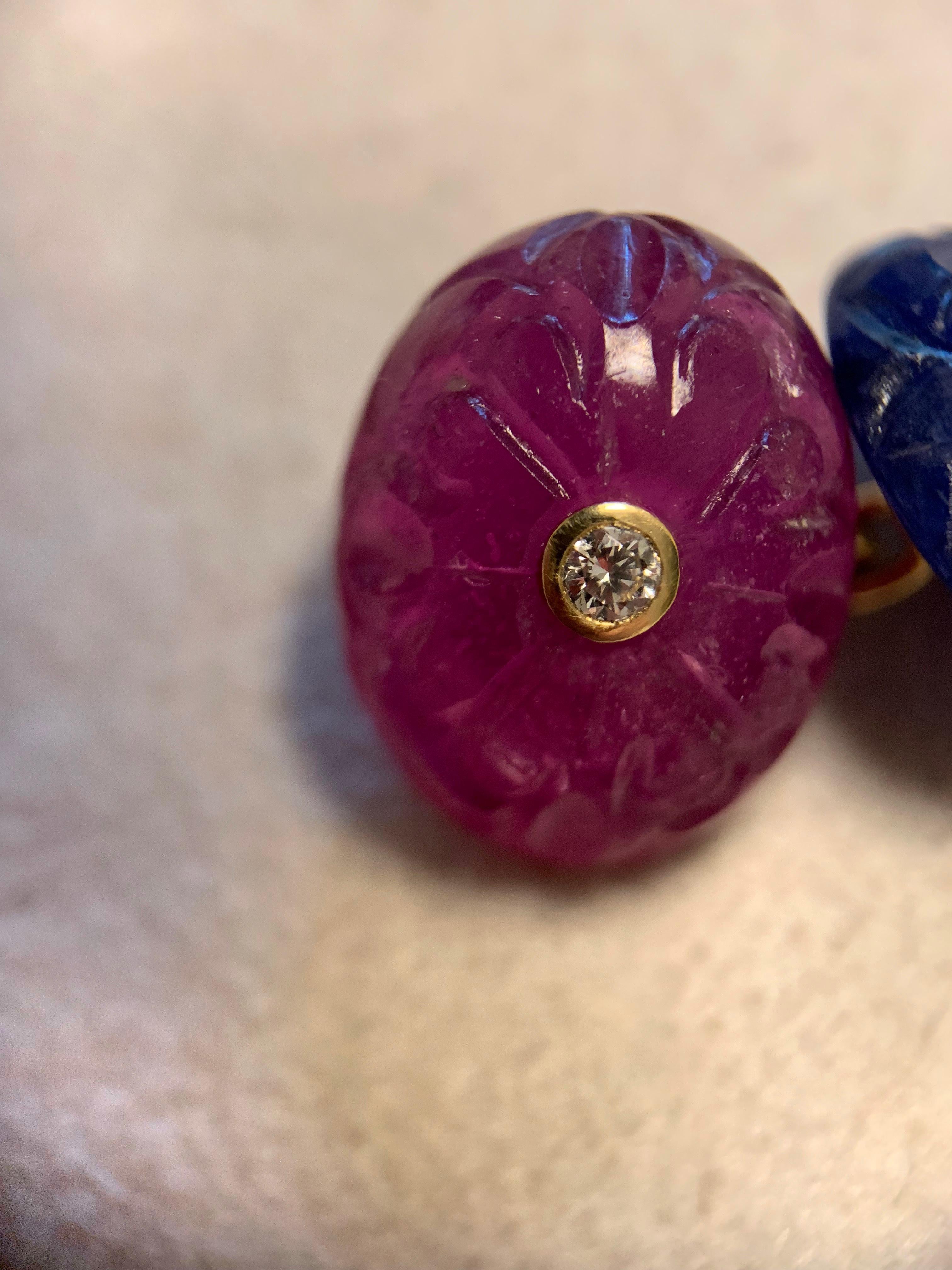 18 Karat Yellow Gold Double Oval Cufflinks in Sapphire Ruby and Diamonds In New Condition In Milano, IT