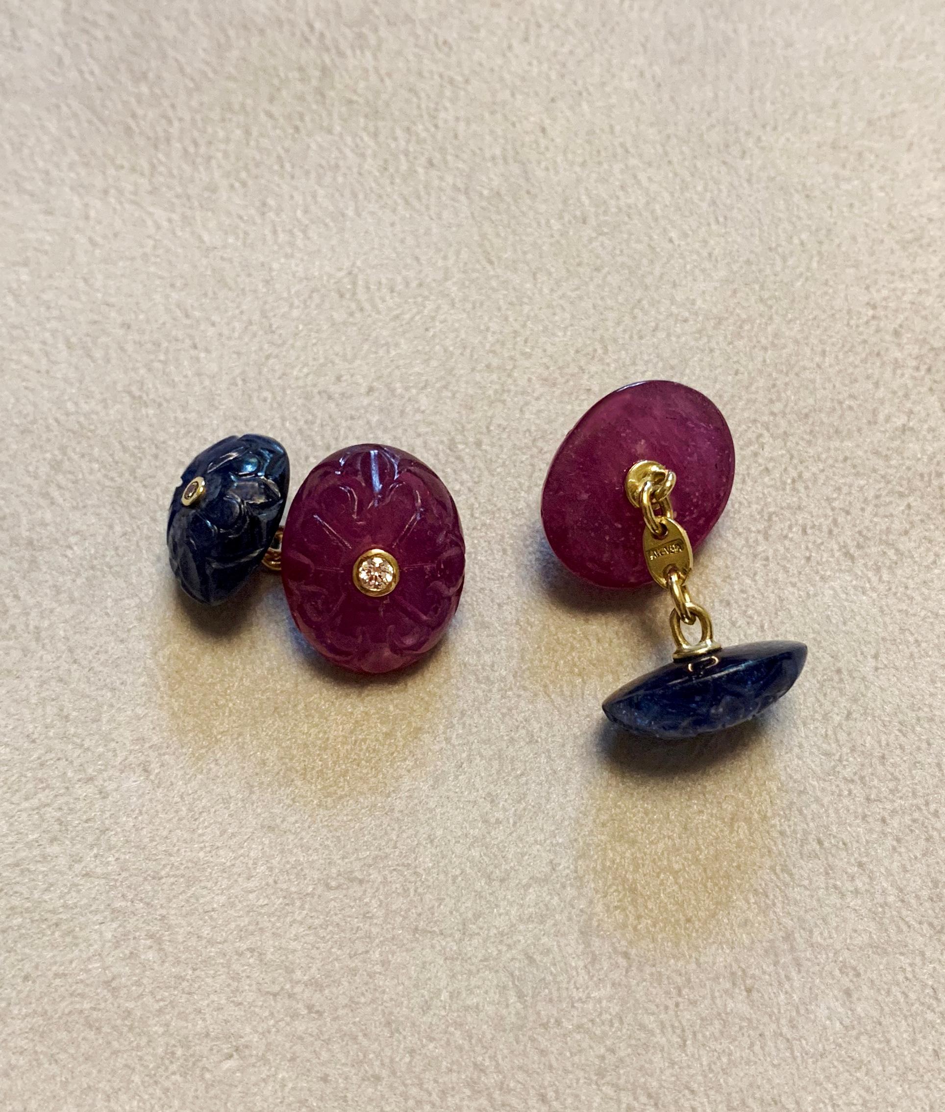 Women's or Men's 18 Karat Yellow Gold Double Oval Cufflinks in Sapphire Ruby and Diamonds For Sale