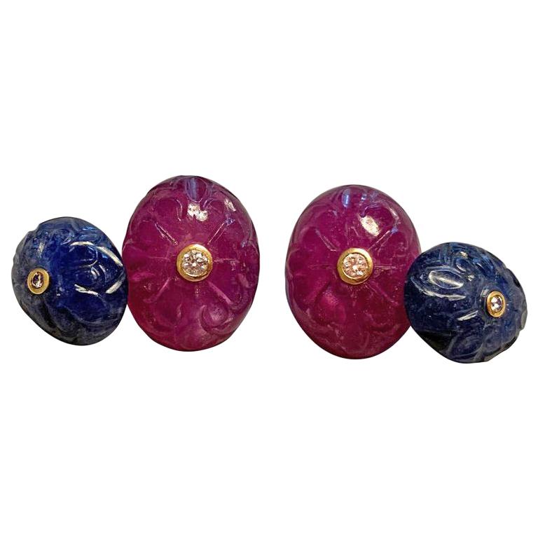 Boutons de manchette doubles ovales en or jaune 18 carats, saphirs, rubis et diamants