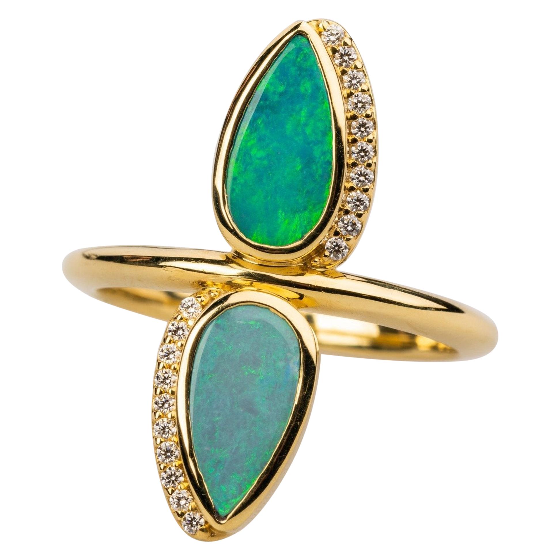 18 Karat Yellow Gold Double Pear Shape Opal Doublet Ring with White Diamonds For Sale