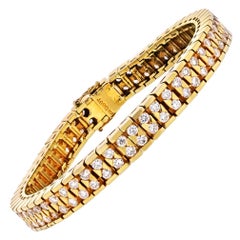 18 Karat Yellow Gold Double Row 6.07 Carat Round Cut Diamond Link Bracelet