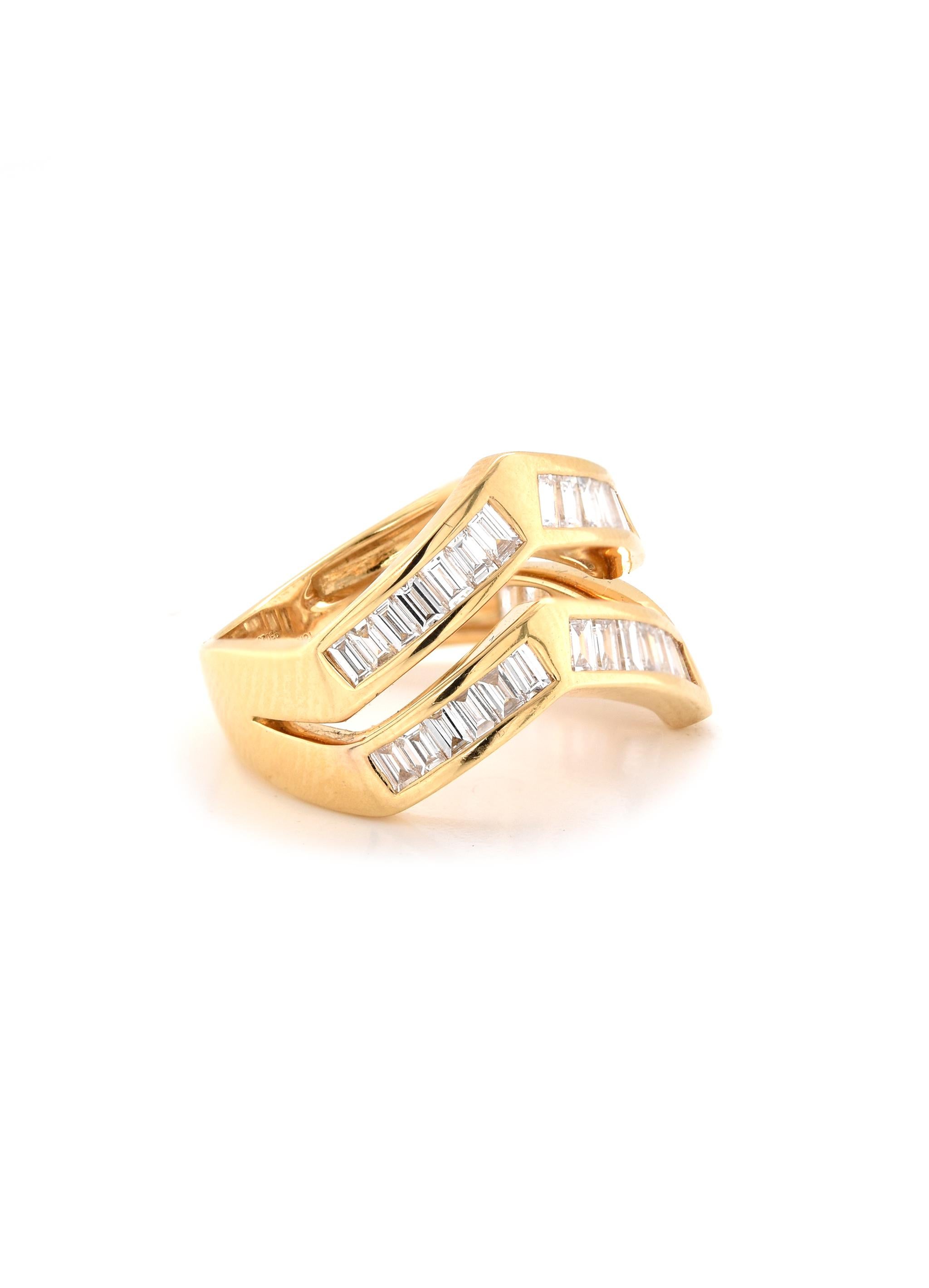 Designer: custom
Material: 18K yellow gold
Diamonds: 41 baguette cut = 1.35cttw
Color: G
Clarity: VS2
Ring size: 6.5 (please allow two additional shipping days for sizing requests)
Weight:  8.12 grams
