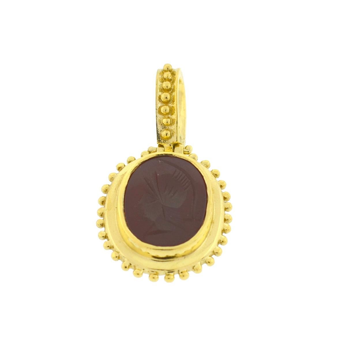 Company-N/A
Style-Double Sided Green Intaglio and Carnelian Cabochon Pendant 
Metal-18k Yellow Gold 
Size-1.38