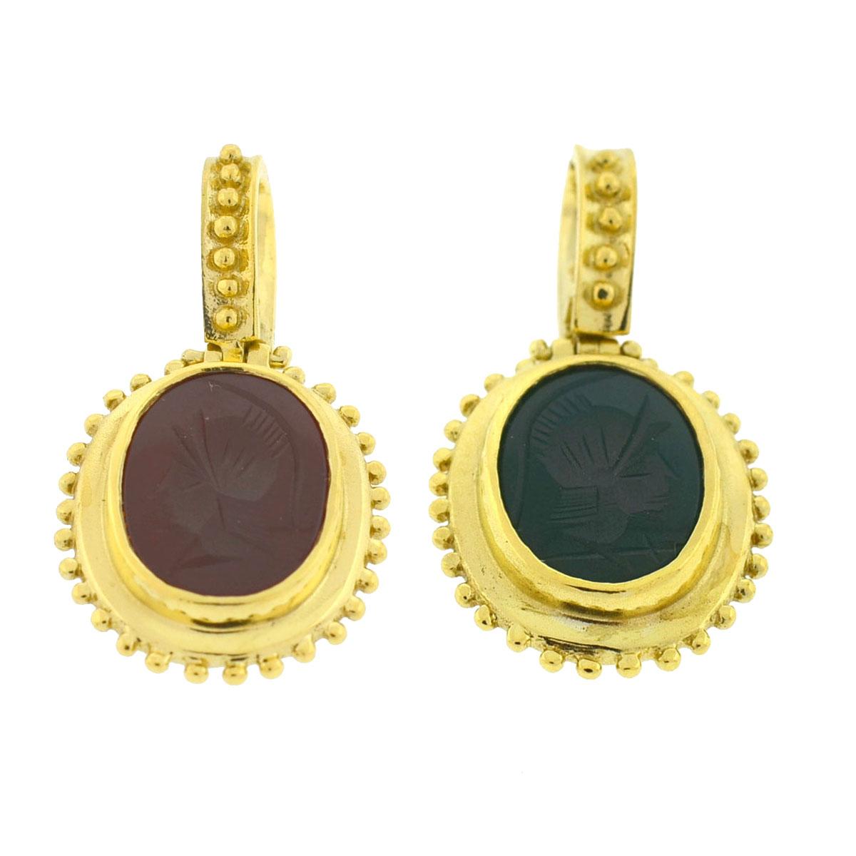 18 Karat Yellow Gold Double-Sided Green Intaglio and Carnelian Cabochon Pendant