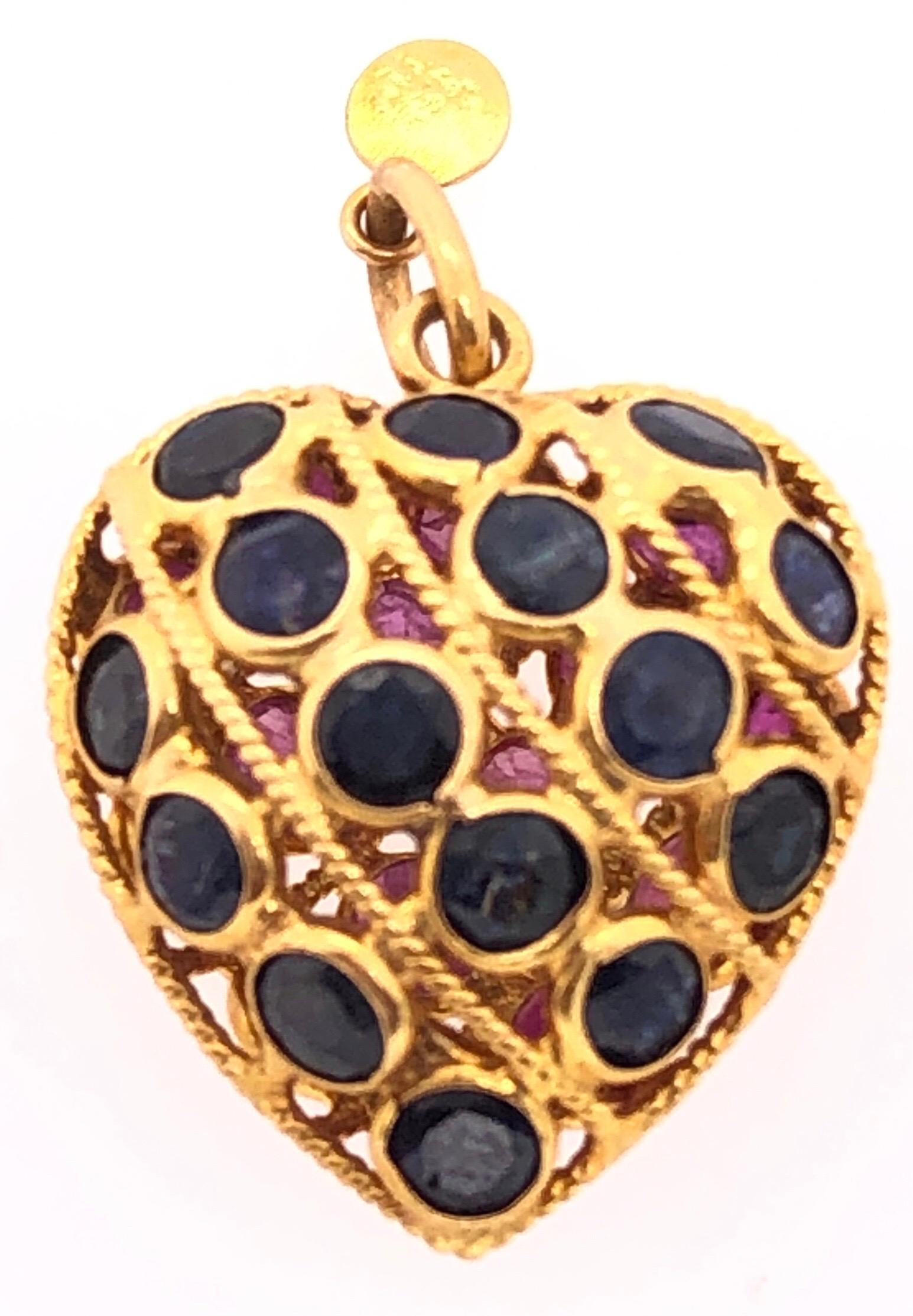 Round Cut 18 Karat Yellow Gold Double Sided Heart Charm / Pendant Ruby and Sapphire