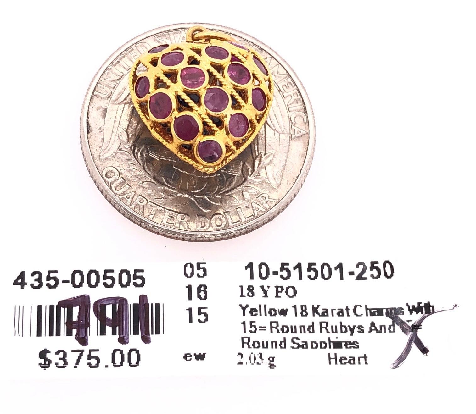 Women's or Men's 18 Karat Yellow Gold Double Sided Heart Charm / Pendant Ruby and Sapphire