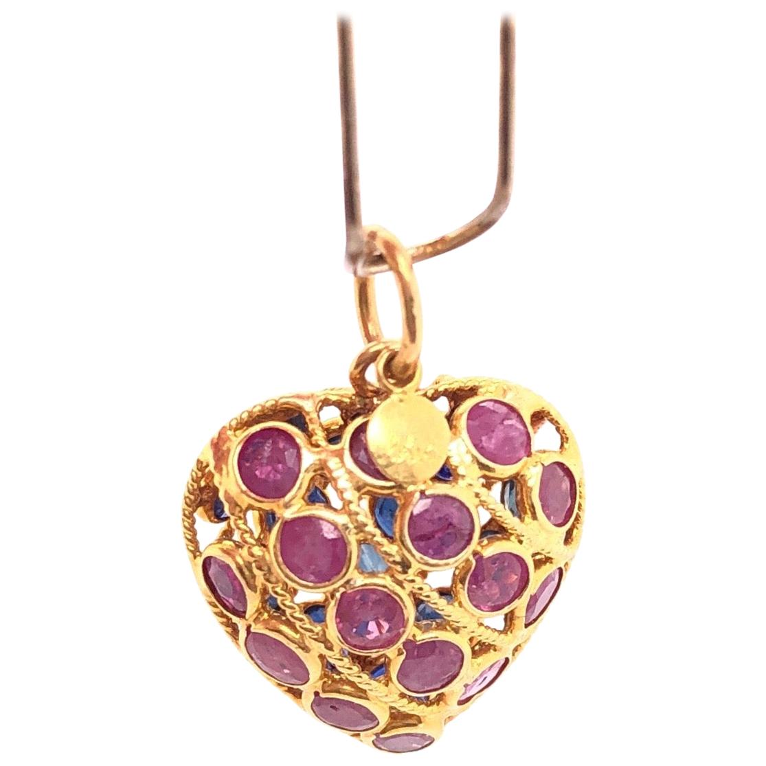 18 Karat Yellow Gold Double Sided Heart Charm / Pendant Ruby and Sapphire