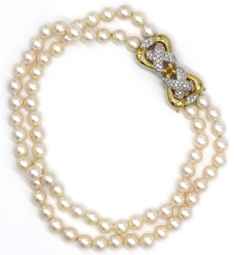 18 Karat yellow Gold, Double Strand Cultured Pearl and Diamond Necklace ...