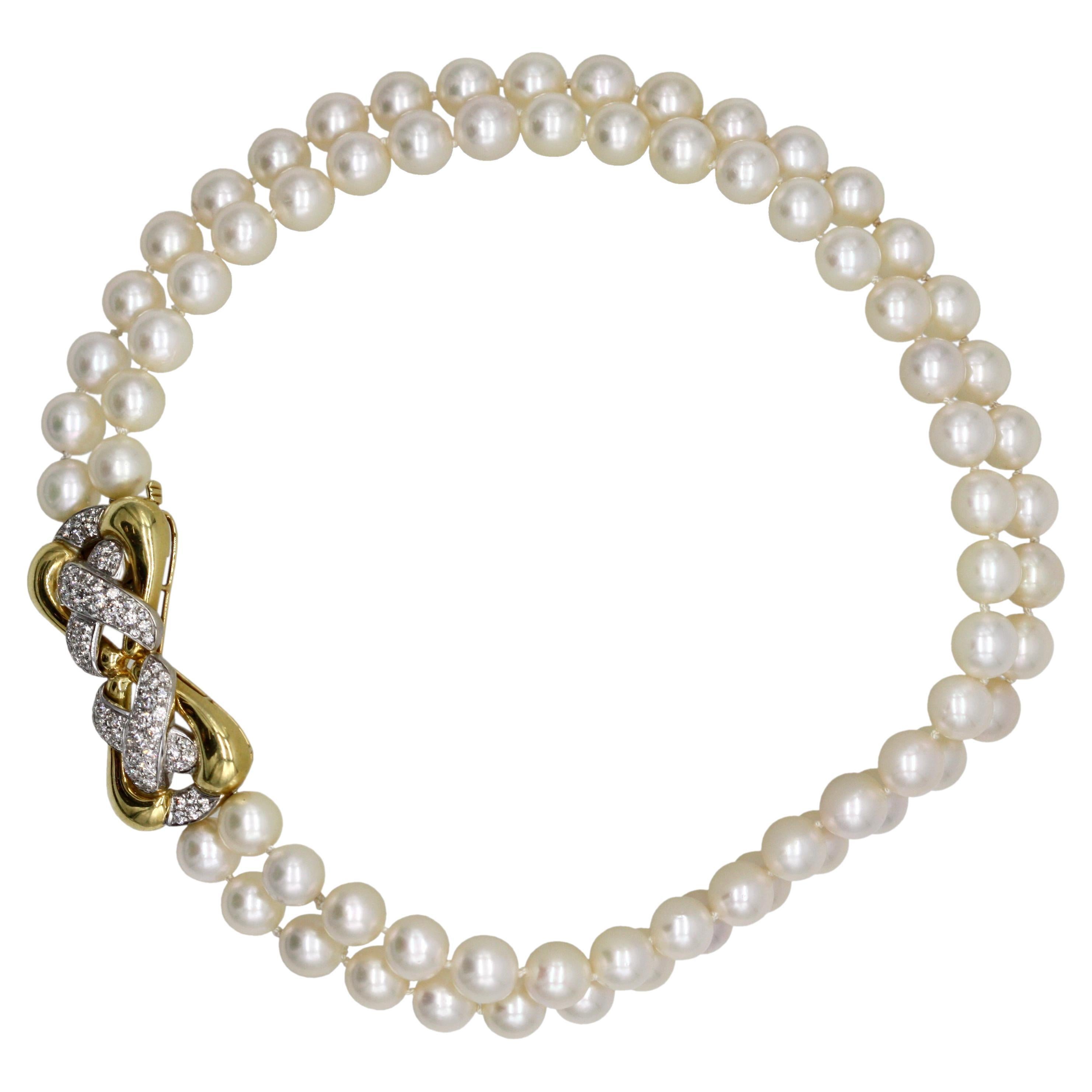 18 Karat yellow Gold, Double Strand Cultured Pearl and Diamond Necklace, Emis