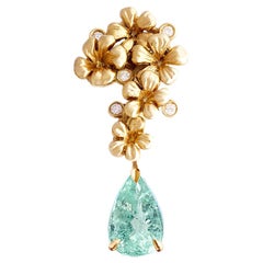 Eighteen Karat Yellow Gold Drop Brooch with Diamonds and Paraiba Tourmaline