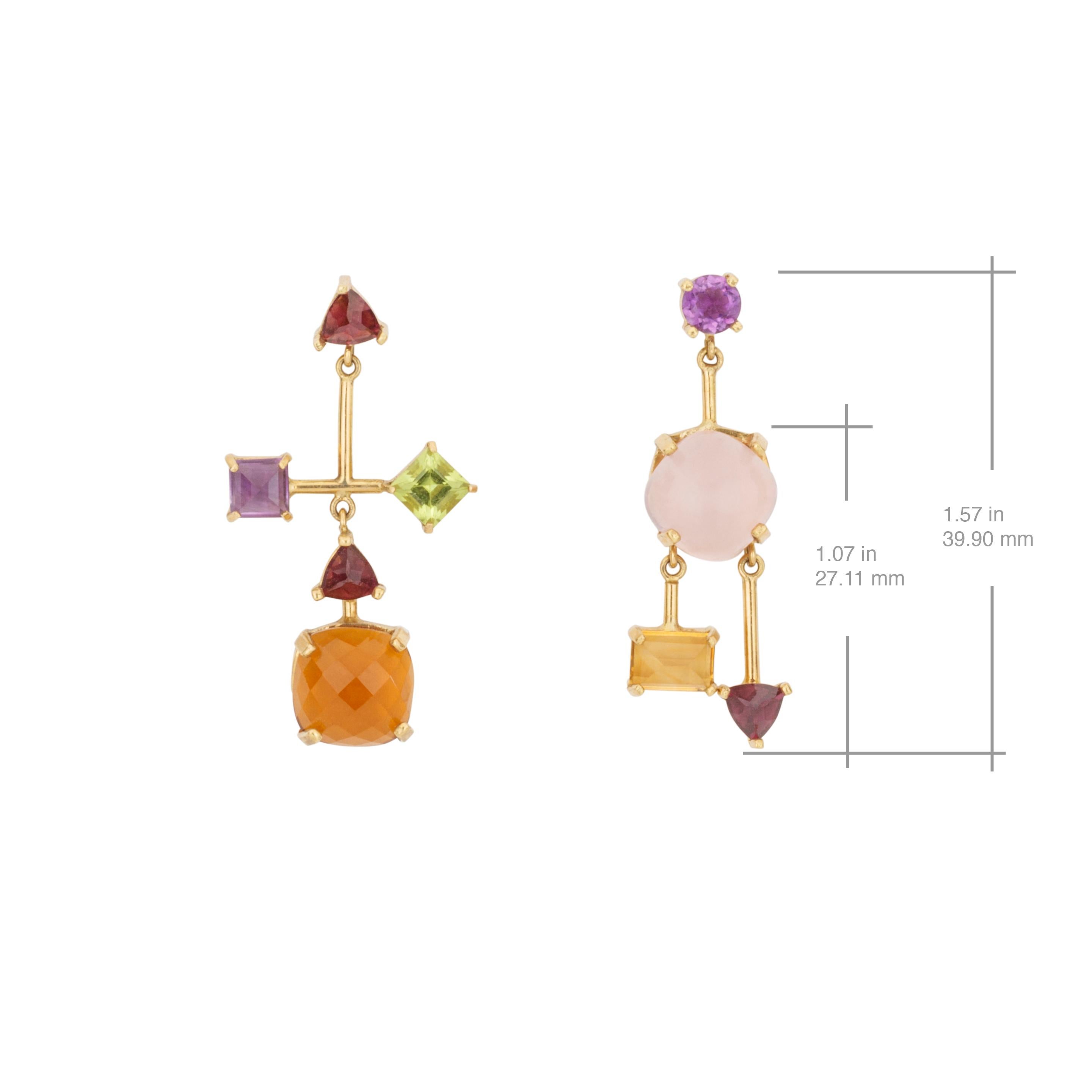 This contemporary multi gemstone asymmetrical 18 karat yellow gold dangle earrings, combine Natural Rose Quartz, Amethyst, Yellow and Green Topaz and Garnet on an unexpected geometrical way. 
The balance of the earrings' asymmetry is achieved by
