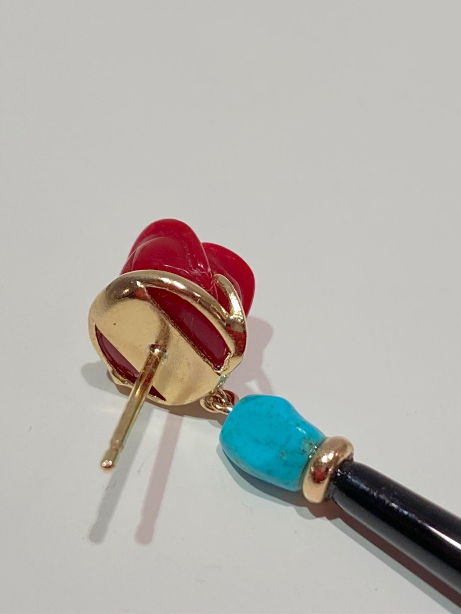 Art Deco 18K Yellow Gold Onyx Red Roses Flower Turquoise Dangle Drop Deco Style Earrings