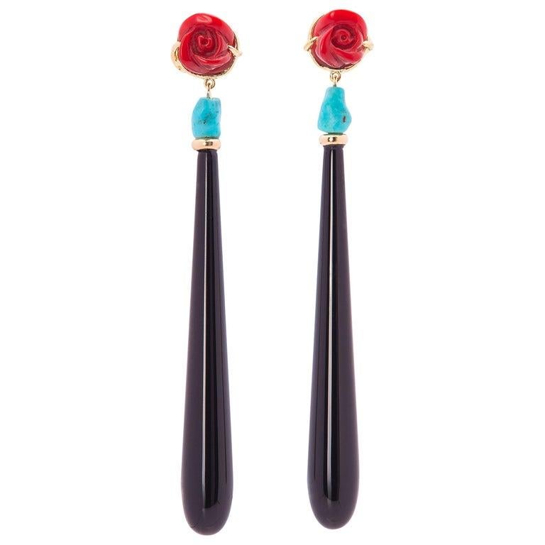 Mixed Cut 18K Yellow Gold Onyx Red Roses Flower Turquoise Dangle Drop Deco Style Earrings