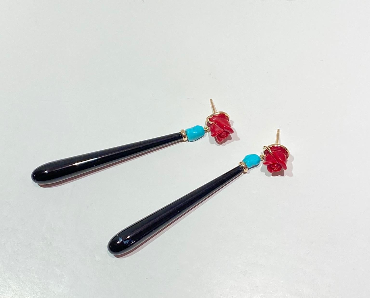 Women's 18K Yellow Gold Onyx Red Roses Flower Turquoise Dangle Drop Deco Style Earrings