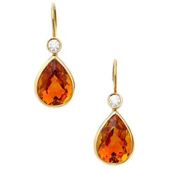 Vintage 18 Karat Yellow Gold Drop Dangle Earrings with 10.02 Carat Citrines and Diamonds