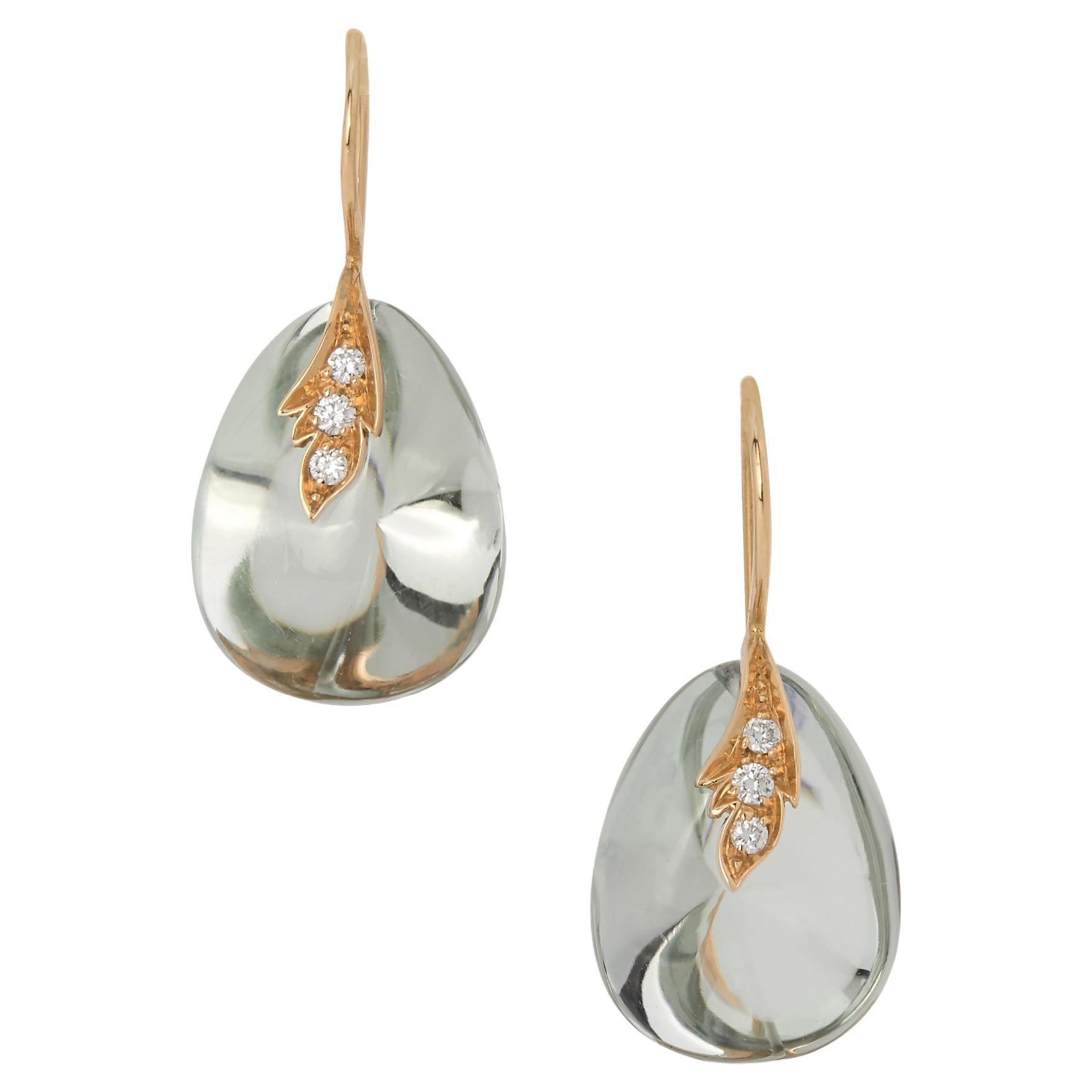 18 Karat Yellow Gold Drop Earrings Set with 29.98 Carat Prasiolites and Diamonds For Sale