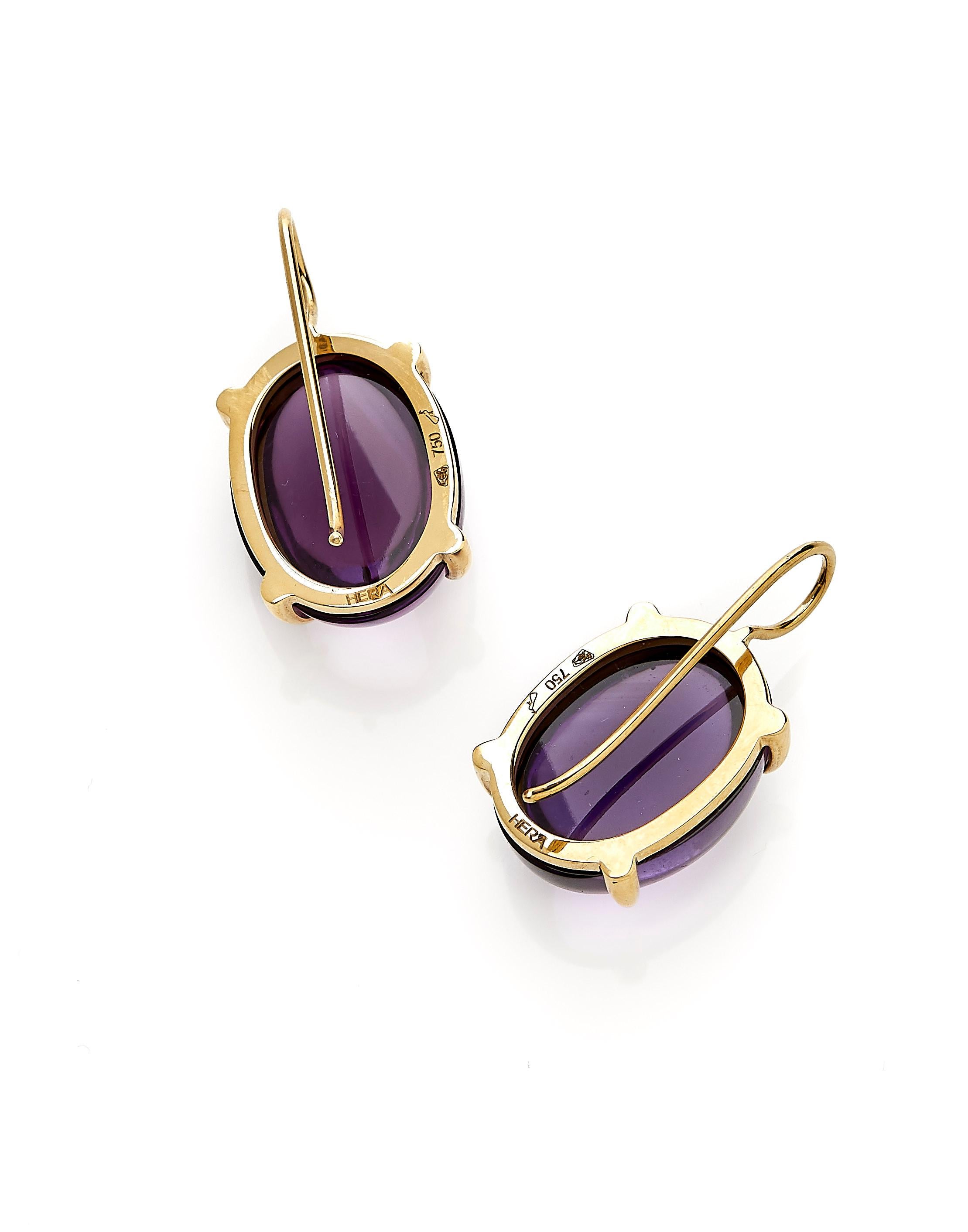 Contemporary 18 Karat Yellow Gold Drop Earrings with 37.5 Carat Cabochon Brazilian Amethysts For Sale