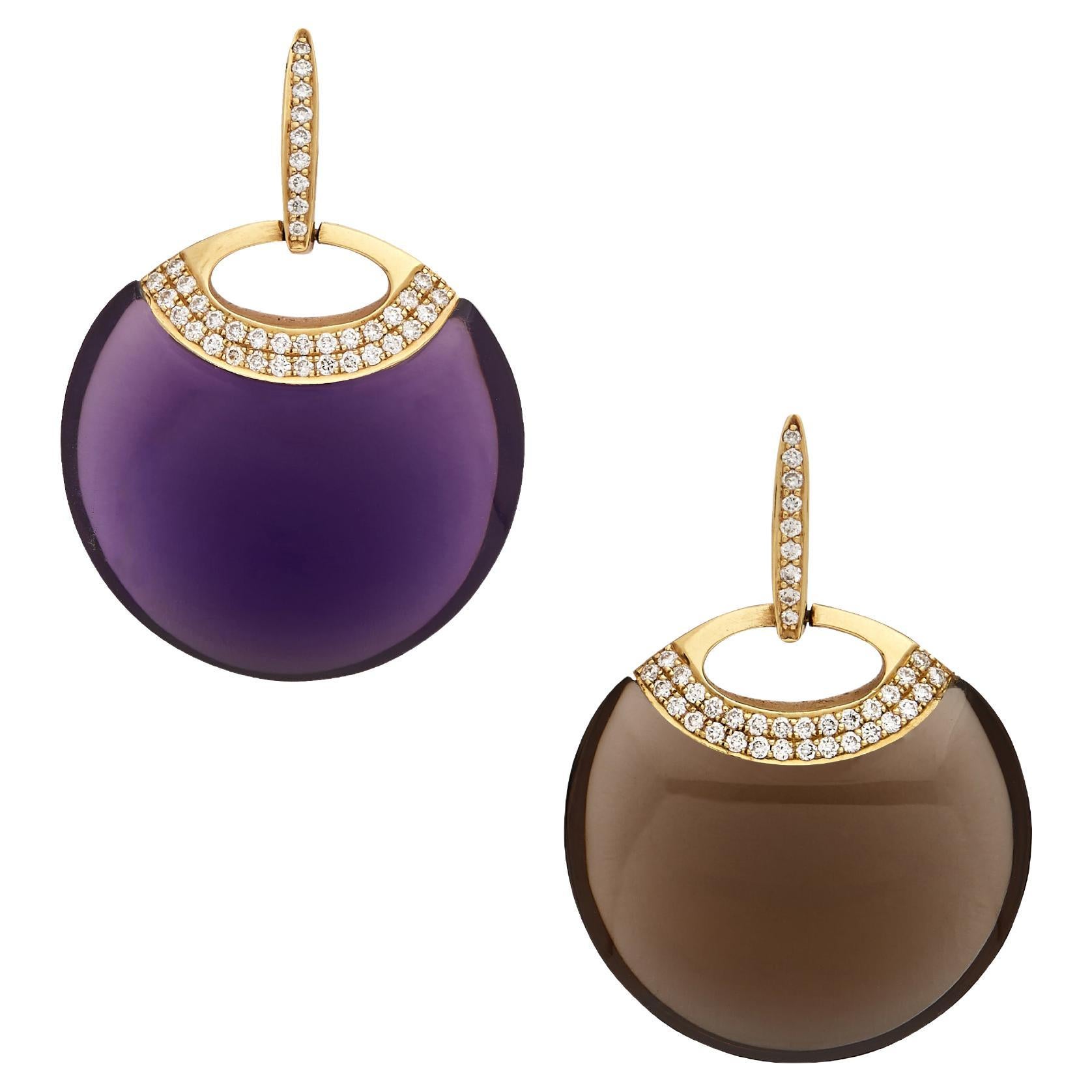 18 Karat Yellow Gold Drop Earrings Set with Amethyst, Smoky Quartz and Diamonds For Sale