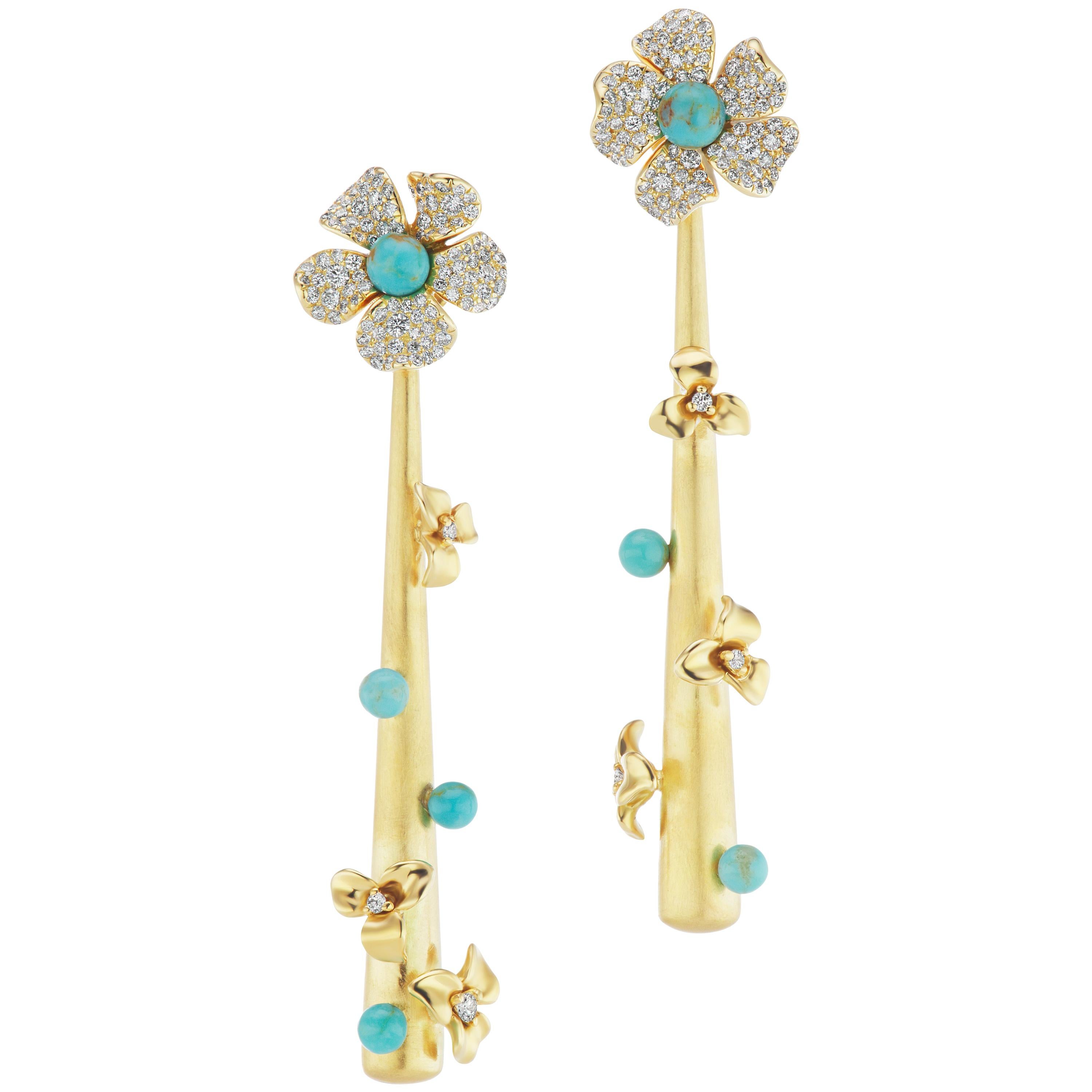 18 Karat Yellow Gold Drop Earrings with Diamond and Turquoise Accents For Sale