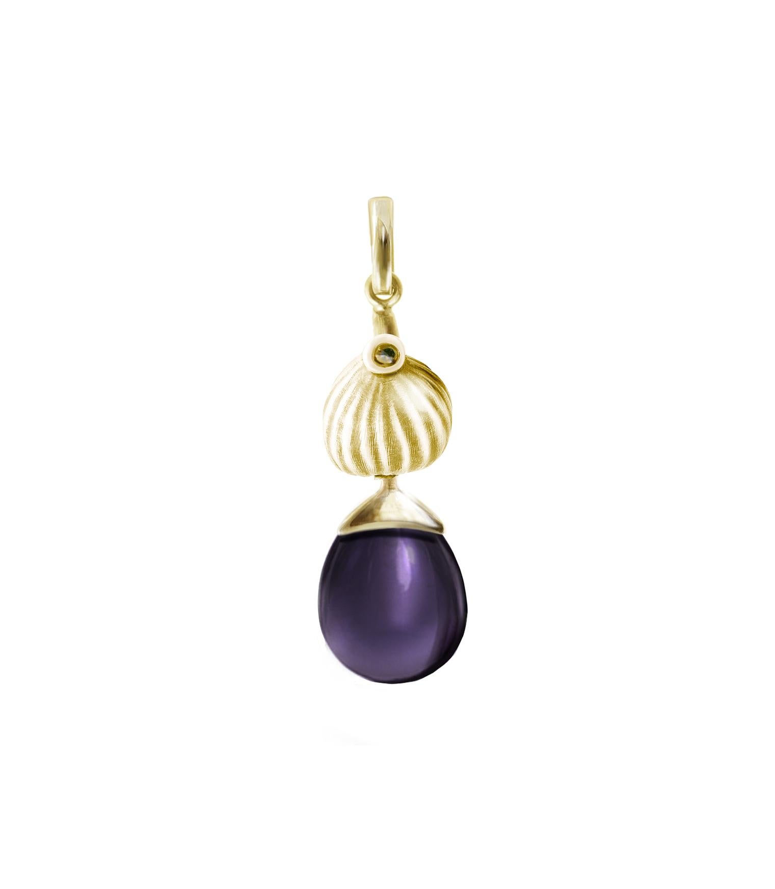 Eighteen Karat Yellow Gold Drop Pendant Necklace with Amethyst by the Artist For Sale 1