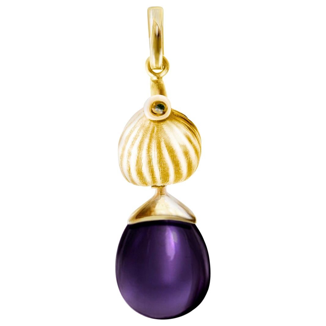 Eighteen Karat Yellow Gold Drop Pendant Necklace with Amethyst by the Artist For Sale