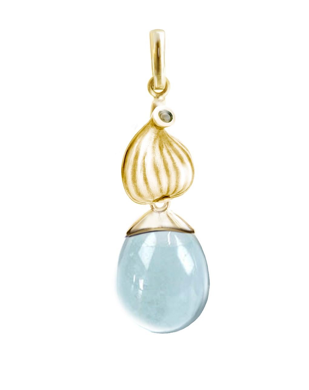 This Fig drop pendant necklace is made of 18 Karat yellow gold with a cabochon natural topaz. The gemstone drop is designed to let light in, adding to its beauty. This collection was featured in Vogue UA. The necklace has a length of approximately