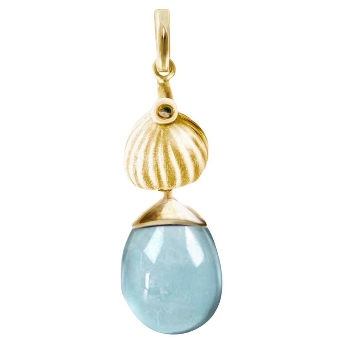 Eighteen Karat Yellow Gold Drop Pendant Necklace with Blue Topaz by the Artist For Sale