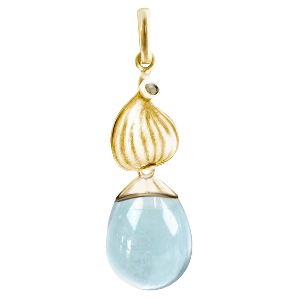 18 Karat Yellow Gold Drop Pendant Necklace with Blue Topaz by the Artist For Sale