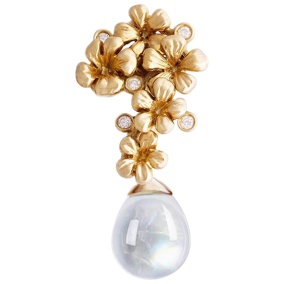 18 Karat Yellow Gold Drop Pendant Necklace with Diamonds and Moonstone
