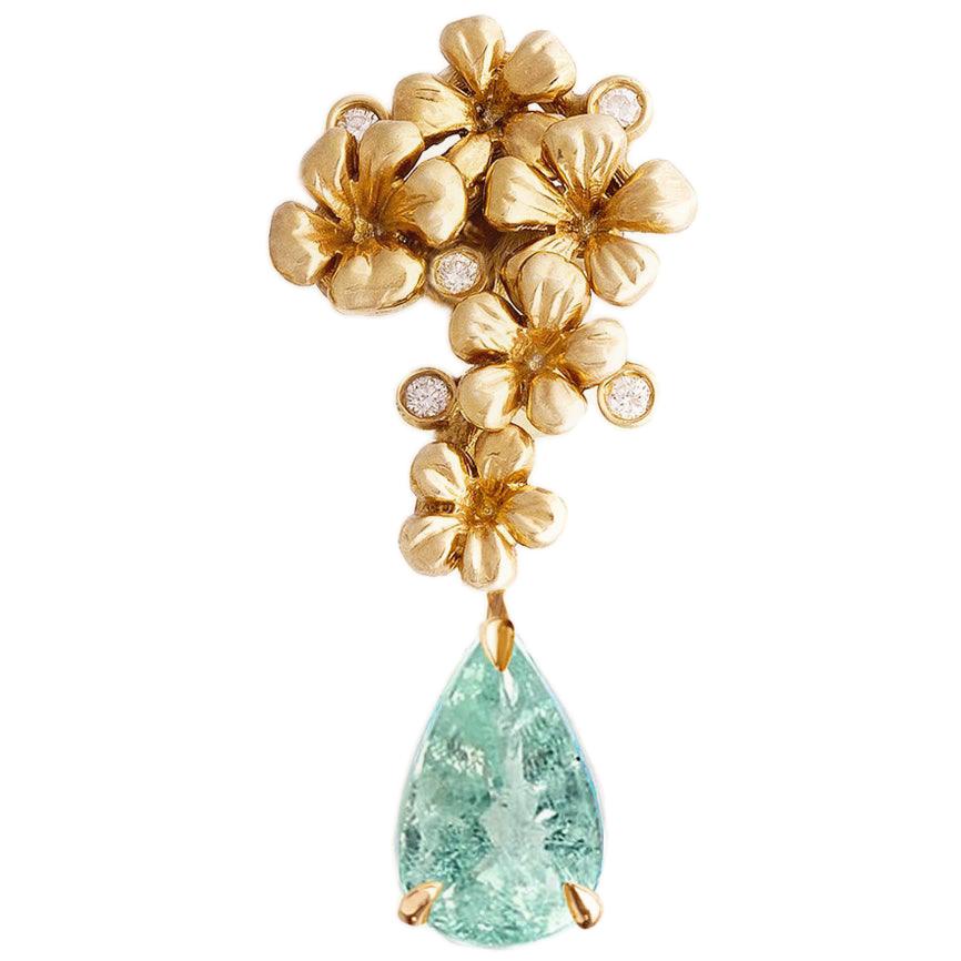 Yellow Gold Drop Pendant Necklace with Diamonds and Paraiba Tourmaline For Sale