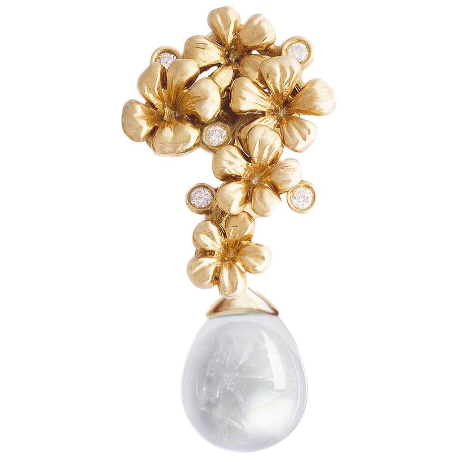 Collar Colgante Gota de Oro Amarillo de 18 Kilates con Diamantes y Cuarzo Extraíble en venta