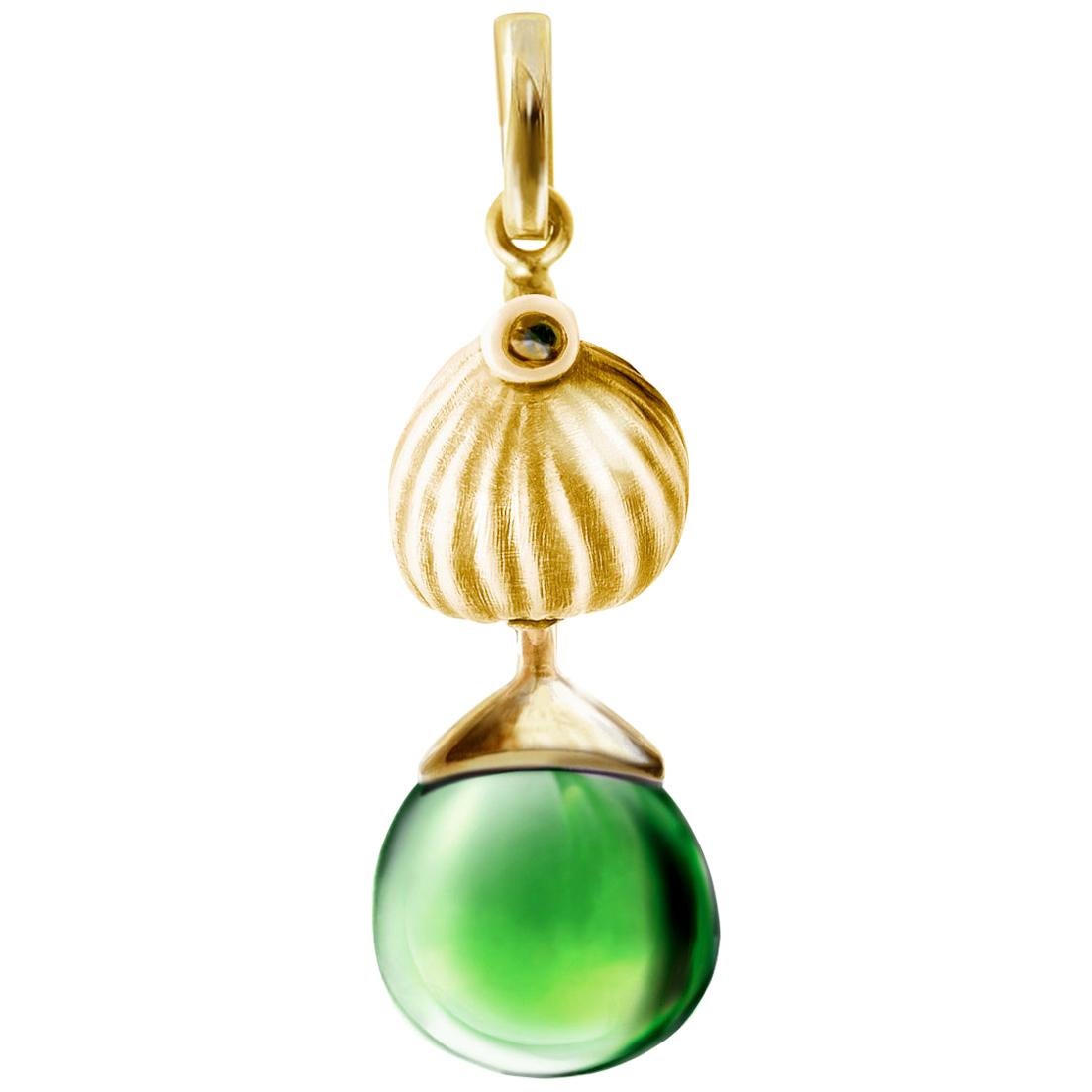 Yellow Gold Drop Pendant Necklace with Green Quartz by the Artist For Sale