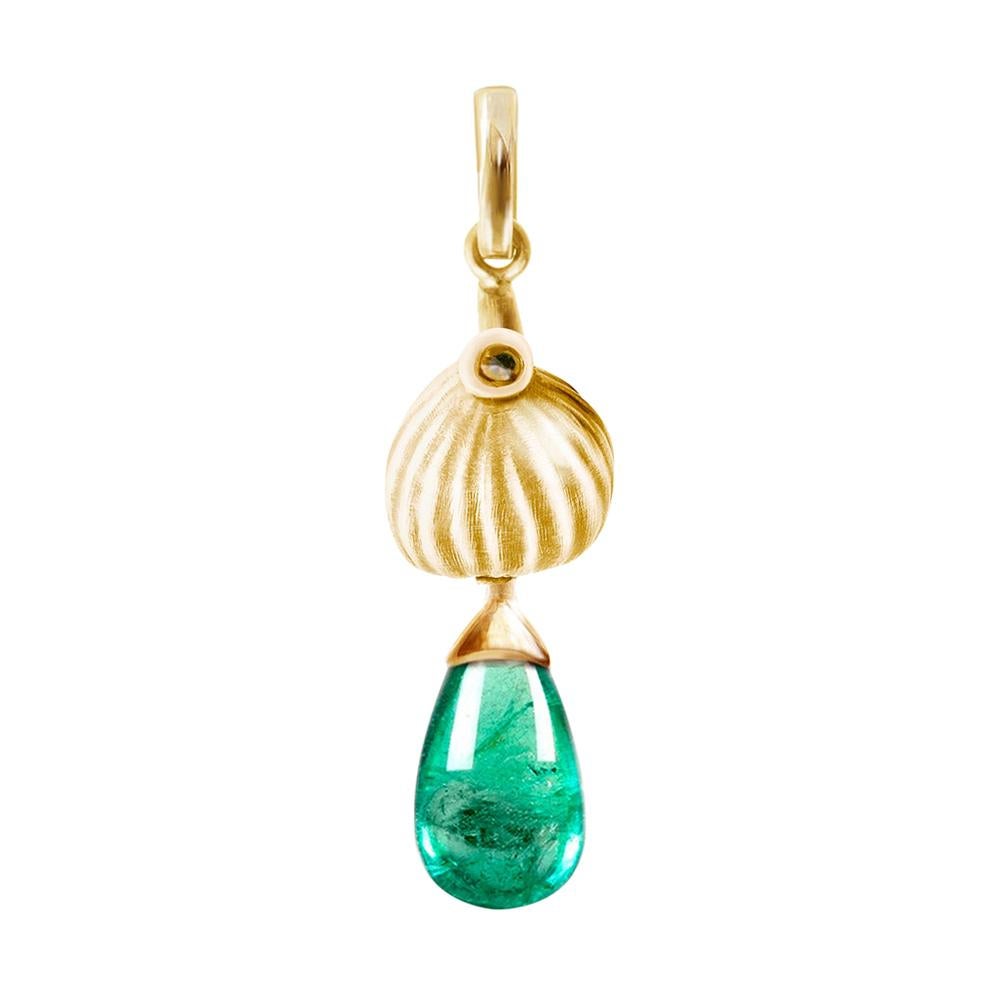 Yellow Gold Fig Garden Pendant Necklace with Emerald and Diamond For Sale